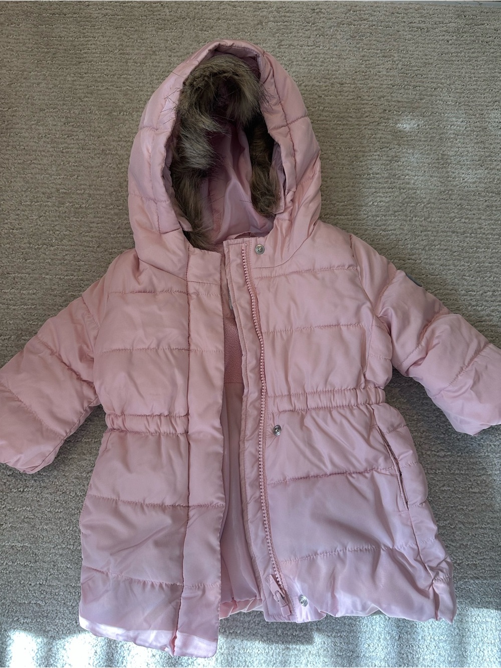 GAP Light Pink Hooded Puffer Coat with Faux Fur Trim